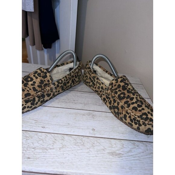 LANDS END Women Animal Print Brown Moccasin Slippers Suede Faux Fur - Picture 9 of 15
